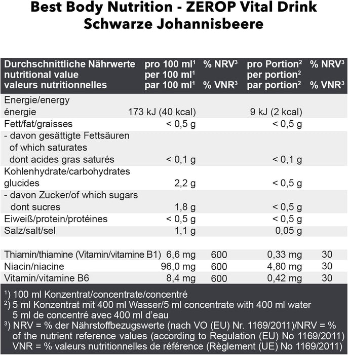 Best Body Nutrition Vital Drink ZEROP® - schwarze Johannisbeere, Original Getränkekonzentrat - Sirup - zuckerfrei, 1:80 ergibt 80 Liter Fertiggetränk