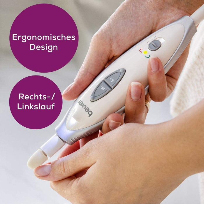 Beurer Maniküre-/ Pediküre-Set, elektrische Nagelfeile mit 7 Aufsätzen, helles LED Licht, für gepflegte Nägel, mit Aufbewahrungstasche, Weiß