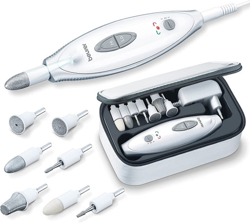Beurer Maniküre-/ Pediküre-Set, elektrische Nagelfeile mit 7 Aufsätzen, helles LED Licht, für gepflegte Nägel, mit Aufbewahrungstasche, Weiß
