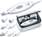 Beurer Maniküre-/ Pediküre-Set, elektrische Nagelfeile mit 7 Aufsätzen, helles LED Licht, für gepflegte Nägel, mit Aufbewahrungstasche, Weiß