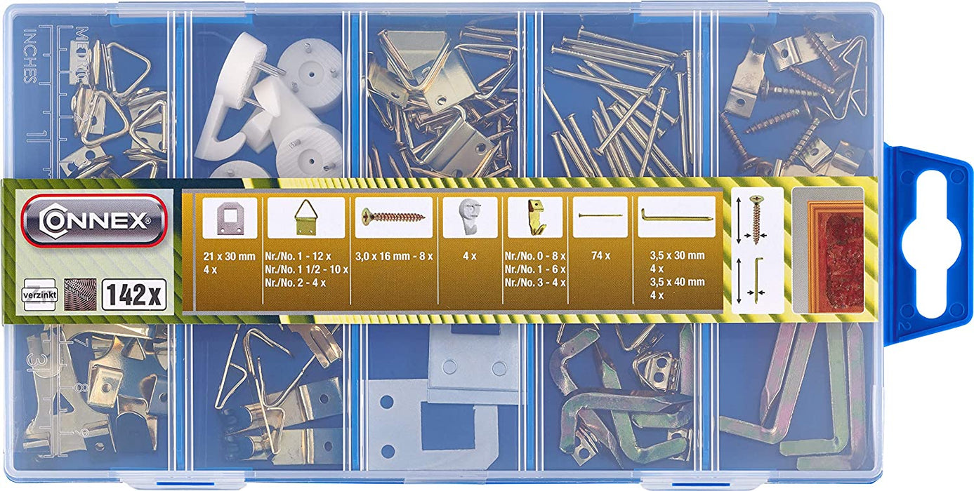 Bilderhaken-Sortiment 142-teilig - Bildaufhänger & Haken im Set - Vorsortiert in praktischer Kunststoffbox - Universell einsetzbar 
