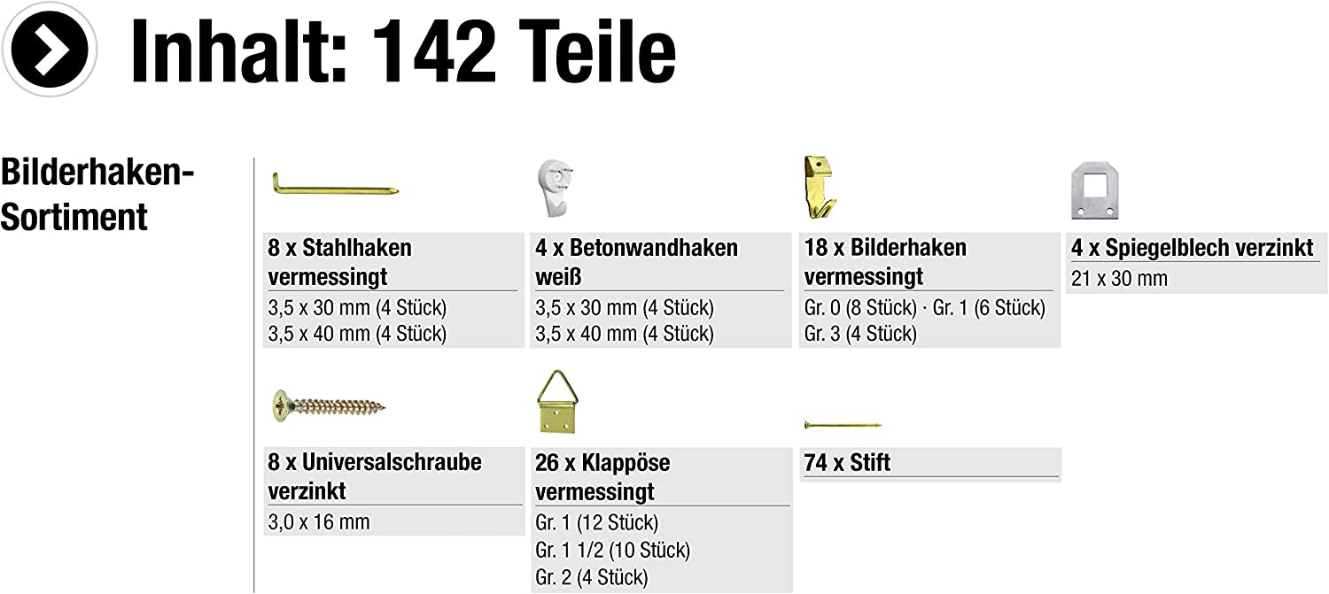 Bilderhaken-Sortiment 142-teilig - Bildaufhänger & Haken im Set - Vorsortiert in praktischer Kunststoffbox - Universell einsetzbar 