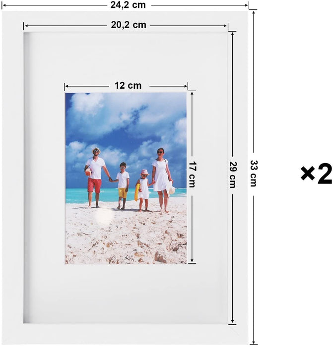 Bilderrahmen 2er Set, Glasscheibe, Din A4 (21 x 29,7 cm), mit Papier-Passepartout 13 x 18 cm, Rahmenbreite 2cm, MDF Weiß