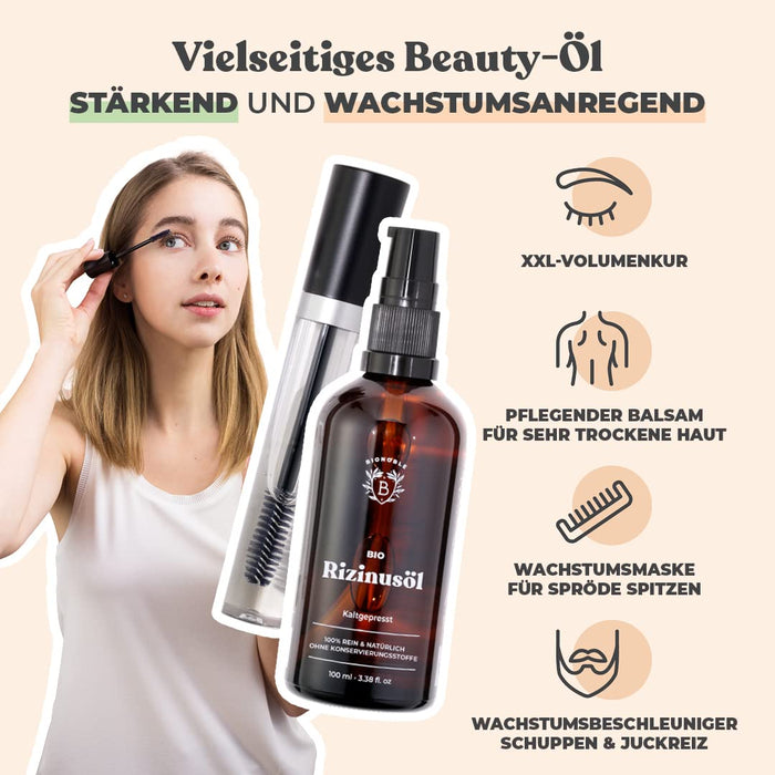 Bionoble Rizinusöl Bio 100ml - 100% Rein, Natürlich und Kaltgepresst - Wimpern, Augenbrauen, Haare, Bart, Nägel - Vegan und Cruelty Free - Castor Oil