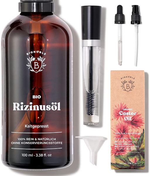 Bionoble Rizinusöl Bio 100ml - 100% Rein, Natürlich und Kaltgepresst - Wimpern, Augenbrauen, Haare, Bart, Nägel - Vegan und Cruelty Free - Castor Oil