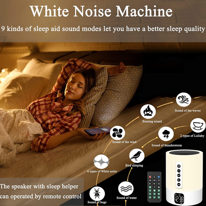 Bluetooth Lautsprecher mit Licht,White Noise Machine, Lichtwecker, Nachttischlampe Touch Dimmbar mit Wecker, 5 in 1 Multifunktional Nachtlicht