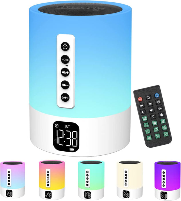 Bluetooth Lautsprecher mit Licht,White Noise Machine, Lichtwecker, Nachttischlampe Touch Dimmbar mit Wecker, 5 in 1 Multifunktional Nachtlicht