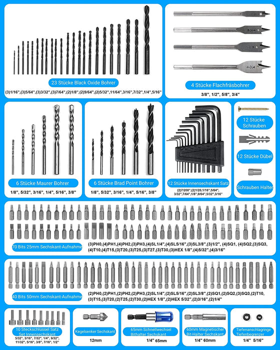 Bohrer Set Bits Set Bohrerset Bit Set Schrauberset Steckschlüssel Schrauberbits Set HSS Bohrmaschine Akkuschrauber Bitsatz Aufsätze Nüsse 199tlg