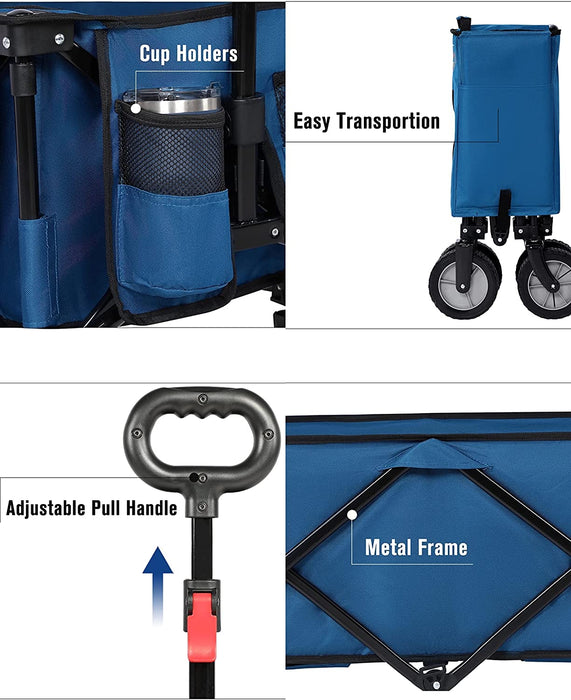 Bollerwagen Faltbar Strand Handwagen mit Seitentasche Getränkehalter verstellbarem Griff, Gartenwagen Strandwagen für Alle Gelände