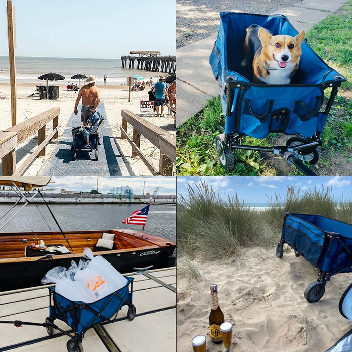 Bollerwagen Faltbar Strand Transportwagen mit Seitentasche Getränkehalter verstellbarem Griff, Gartenwagen Strandwagen für Alle Gelände