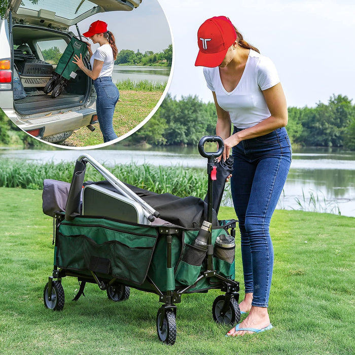 Bollerwagen Faltbar Strand Transportwagen mit Seitentasche Getränkehalter verstellbarem Griff, Gartenwagen Strandwagen für Alle Gelände