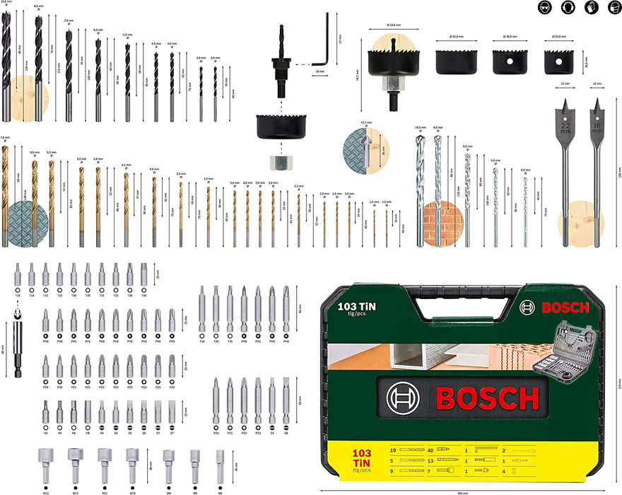 Bosch 103tlg. Bohrer- und Bit Set V-Line Titanium Box (für Holz, Stein und Metall, Zubehör Bohr- und Schraubwerkzeuge)
