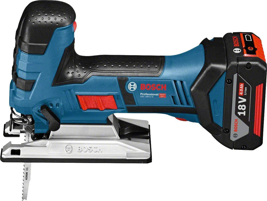 Bosch Professional 18V System Akku Stichsäge (inkl. 2x4.0 Ah Akku, Schnellladegerät, 3xStichsägeblatt, Abdeckhaube, in L-BOXX)