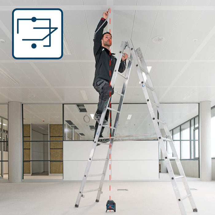 Bosch Professional Kreuzlinienlaser (roter Laser, Innenbereich, mit Lotpunkten, Arbeitsbereich: 15 m, 3x AA Batterien, Drehhalterung RM 1, Laserzieltafel, Schutztasche)