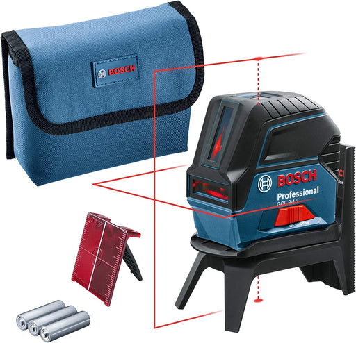 Bosch Professional Kreuzlinienlaser (roter Laser, Innenbereich, mit Lotpunkten, Arbeitsbereich: 15 m, 3x AA Batterien, Drehhalterung RM 1, Laserzieltafel, Schutztasche)