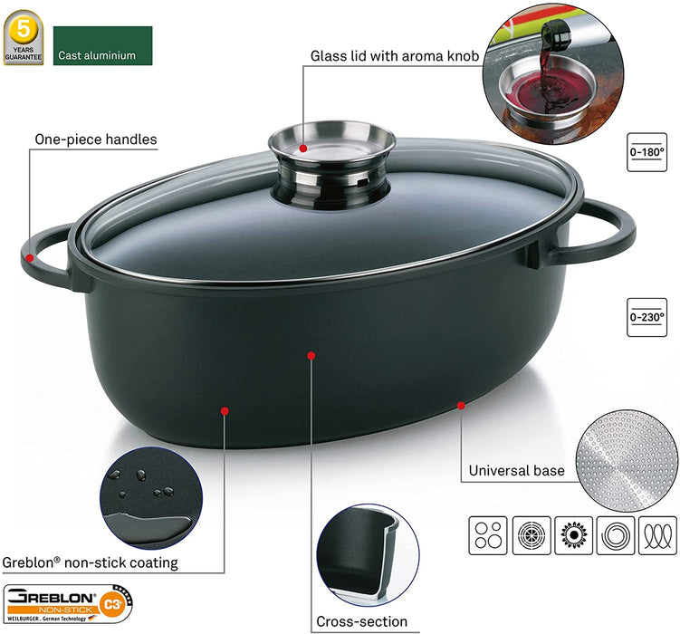 Bräter, Glasdeckel mit Aromaknopf, Aluguss 5 mm, Antihaftbeschichtung, Induktionsgeeignet, 8 l, Kerros