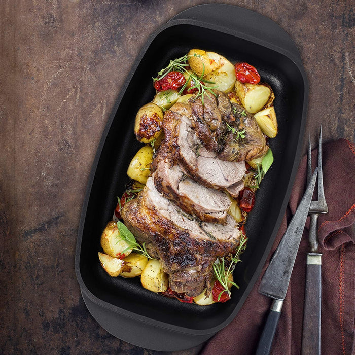 Bräter mit Glasdeckel, antihaftbeschichtet, Auflaufform, Aluguss Bräter, spülmaschinenfest, 39 cm, schwarz