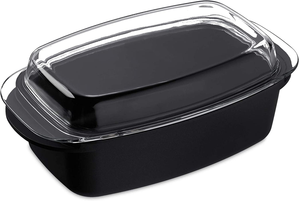 Bräter mit Glasdeckel, antihaftbeschichtet, Auflaufform, Aluguss Bräter, spülmaschinenfest, 39 cm, schwarz