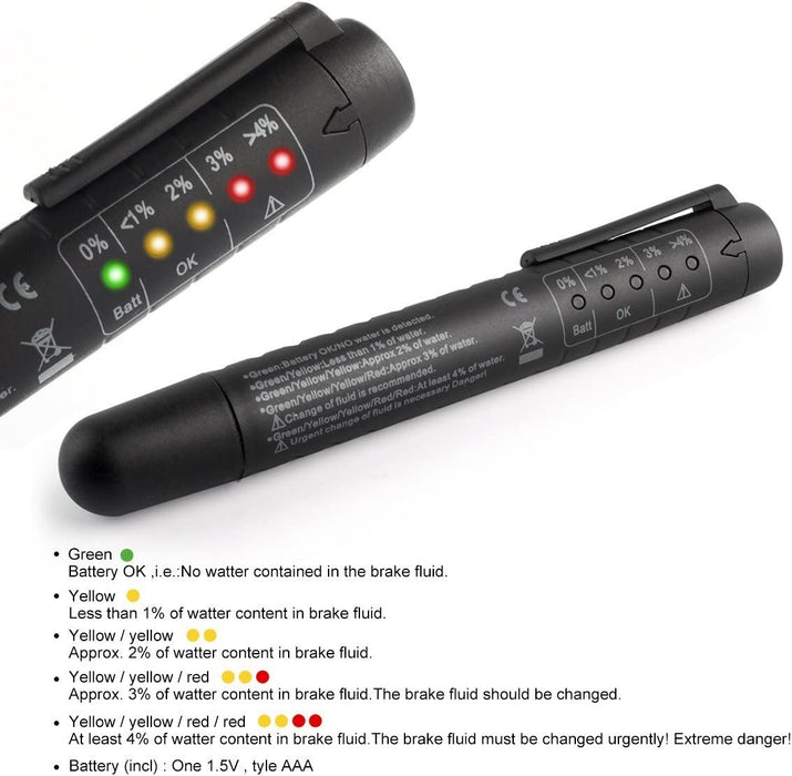 Bremsflüssigkeitstester geeignet für Bremsflüssigkeiten DOT 3/4/5 mit 5 LED Anzeige, tragbarem Beflockungsbeutel