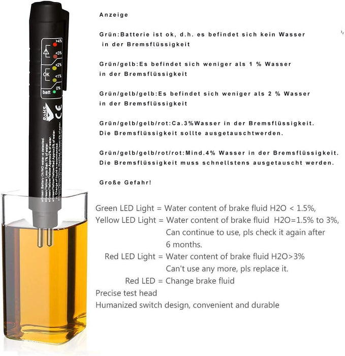 Bremsflüssigkeitstester geeignet für Bremsflüssigkeiten DOT 3/4/5 mit 5 LED Anzeige, tragbarem Beflockungsbeutel