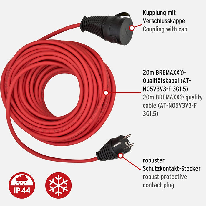 Brennenstuhl Verlängerungskabel (20m Kabel in rot, für den kurzfristigen Einsatz im Außenbereich IP44, einsetzbar bis -35 °C, öl- und UV-beständig)