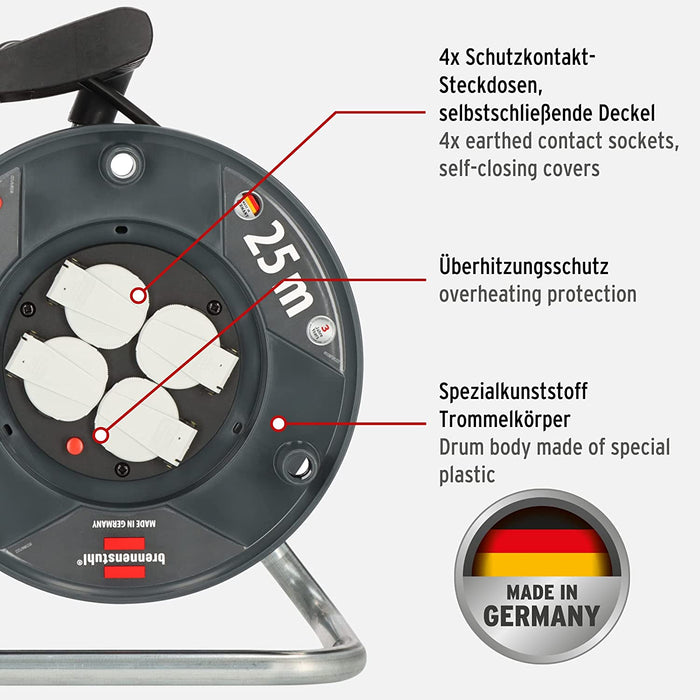 Brennenstuhl Garant Kabeltrommel (25m Kabel in schwarz, Made in Germany, Einsatz im Innenbereich)