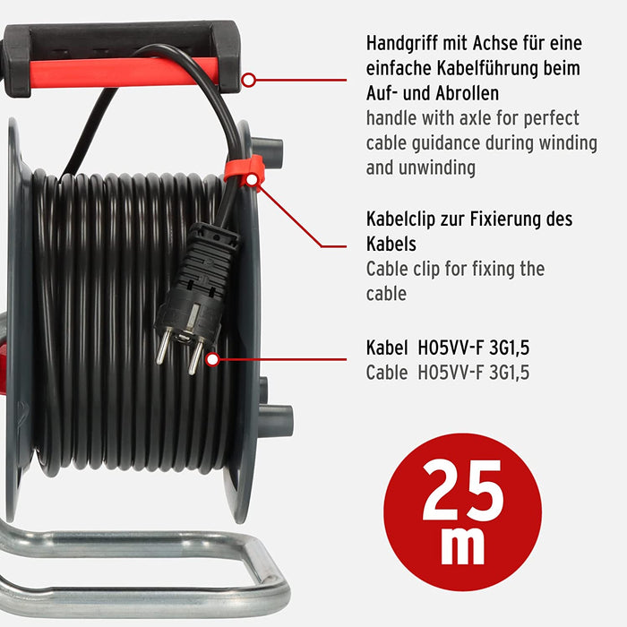 Brennenstuhl Garant Kabeltrommel (25m Kabel in schwarz, Made in Germany, Einsatz im Innenbereich)