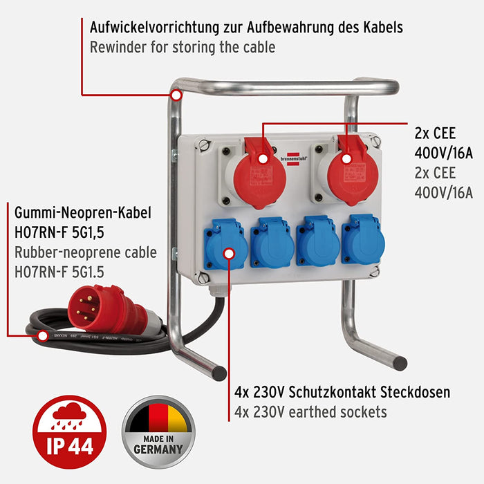 Brennenstuhl Kompakter Kleinstromverteiler BKV 2/4 G IP44 / Baustromverteiler mit Stahlrohrgestell (2m Kabel, für ständigen Einsatz im Außenbereich)