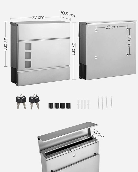Briefkasten Edelstahl, Postkasten, Wandbriefkasten, modern, abschließbar, mit Zeitungsfach, einfache Montage, silbern