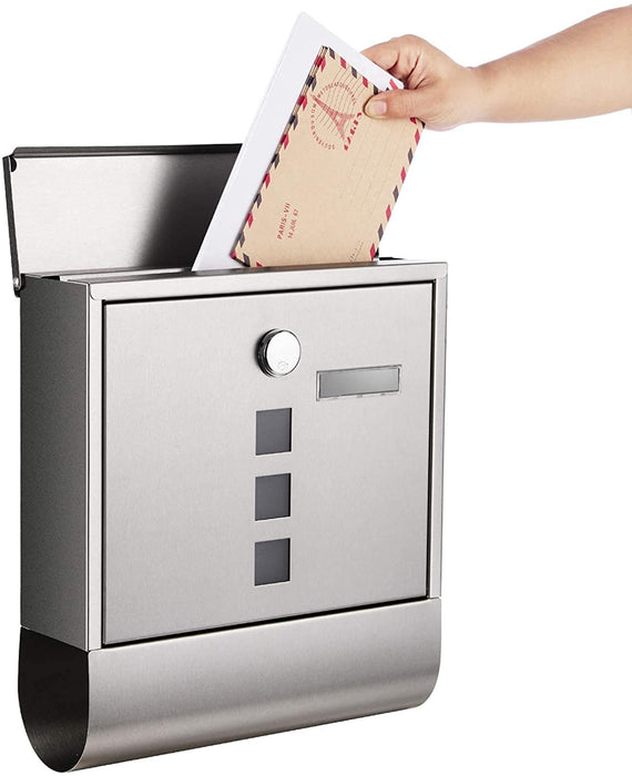 Briefkasten aus Edelstahl, Wandbriefkasten, Schloss mit Kupfer-Schließzylinder, Zeitungsfach, Sichtfenster, Namensschild-Halter, einfache Montage