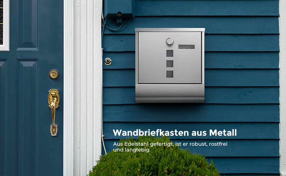 Briefkasten aus Edelstahl, Wandbriefkasten, Schloss mit Kupfer-Schließzylinder, Zeitungsfach, Sichtfenster, Namensschild-Halter, einfache Montage