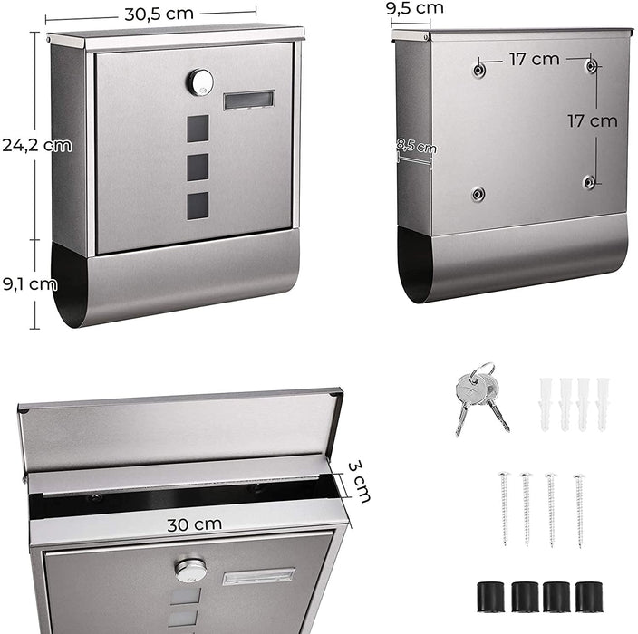 Briefkasten aus Edelstahl, Wandbriefkasten, Schloss mit Kupfer-Schließzylinder, Zeitungsfach, Sichtfenster, Namensschild-Halter, einfache Montage