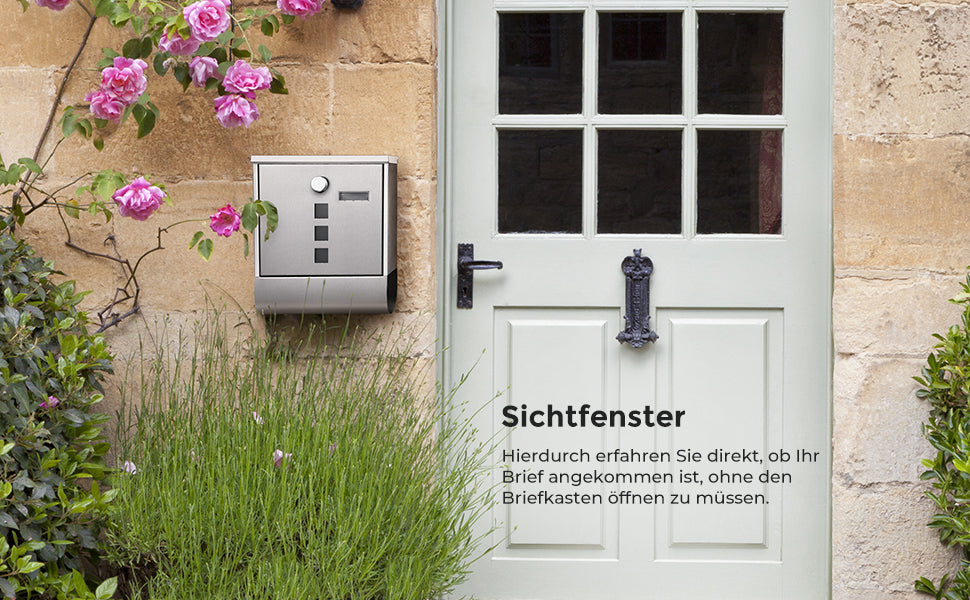Briefkasten aus Edelstahl, Wandbriefkasten, Schloss mit Kupfer-Schließzylinder, Zeitungsfach, Sichtfenster, Namensschild-Halter, einfache Montage