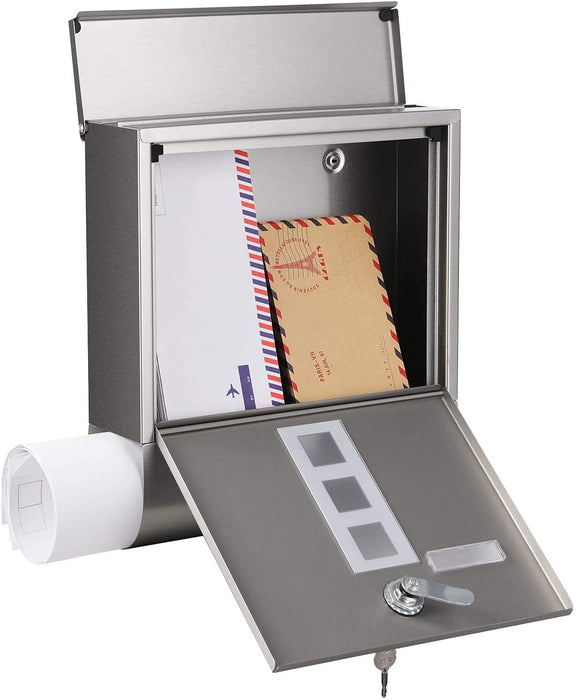 Briefkasten aus Edelstahl, Wandbriefkasten, Schloss mit Kupfer-Schließzylinder, Zeitungsfach, Sichtfenster, Namensschild-Halter, einfache Montage