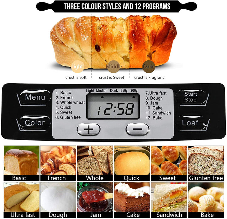 Brotbackautomat Brotbackmaschine Brotbäcker 12 Backprogramme,Backmeister mit Automatische Zutatenbox,3 Versch Bräunungsgrade, ,Glutenfrei BPA-frei