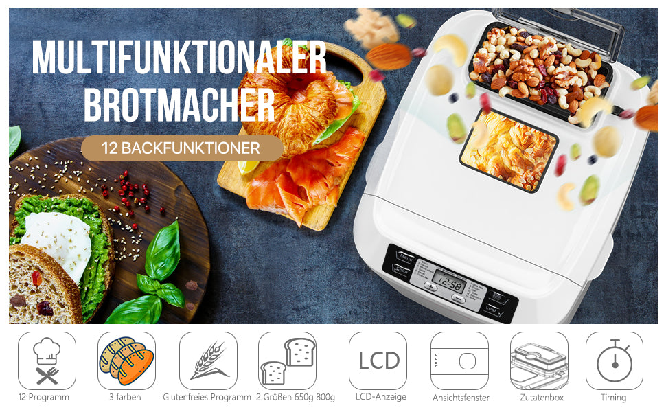 Brotbackautomat Brotbackmaschine Brotbäcker 12 Backprogramme,Backmeister mit Automatische Zutatenbox,3 Versch Bräunungsgrade, ,Glutenfrei BPA-frei