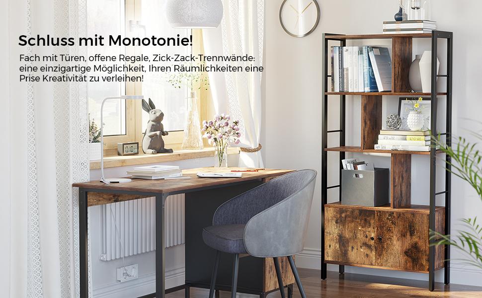 Bücherregal, Bücherschrank mit 4 offenen Regalebenen, Standregal, geräumiger Wohnzimmerschrank, Küche, Büro, Stahlgestell, Industrie-Design