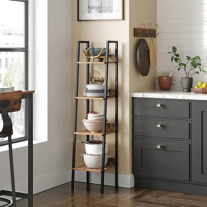 Bücherregal, Leiterregal, offen, mit 4 Ebenen, Metallgestell, für Wohnzimmer, Schlafzimmer, Küche, Arbeitszimmer, Büro, Industrie-Design, vintagebraun