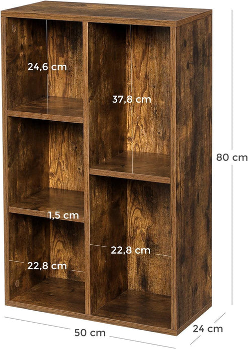Bücherregal, Regal, Standregal, mit 5 Fächern, für Wohnzimmer, Arbeitszimmer, Kinderzimmer, Büro, als Raumteiler, 24 x 50 x 80 cm, vintagebraun