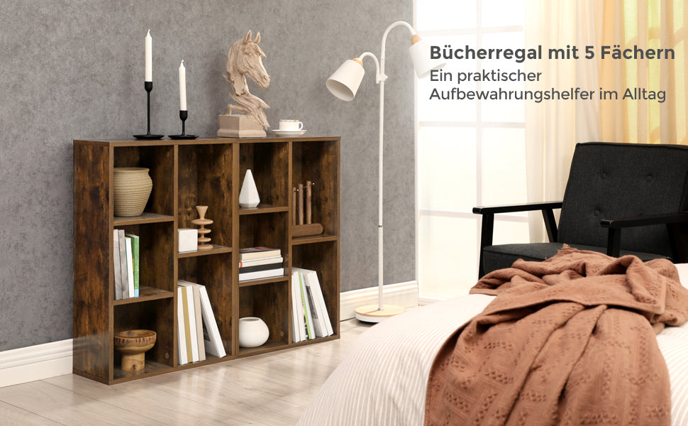 Bücherregal, Regal, Standregal, mit 5 Fächern, für Wohnzimmer, Arbeitszimmer, Kinderzimmer, Büro, als Raumteiler, 24 x 50 x 80 cm, vintagebraun