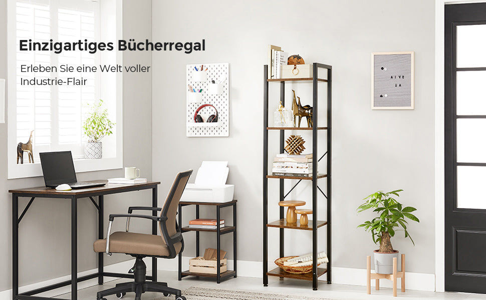 Bücherregal, Standregal, Aufbewahrungsregal mit 5 Ebenen, Industrie-Design für Wohnzimmer, Büro, Arbeitszimmer und Flur, Stahlgestell, Holzspanplatten
