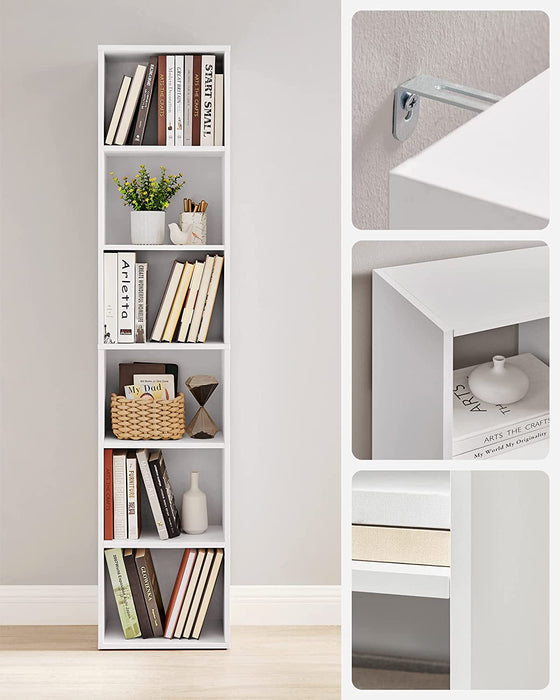 Bücherregal, mit 6 Ebenen, Standregal, Aufbewahrungsregal, für Wohnzimmer, Büro, Schlafzimmer, Arbeitszimmer, skandinavischer Stil, weiß