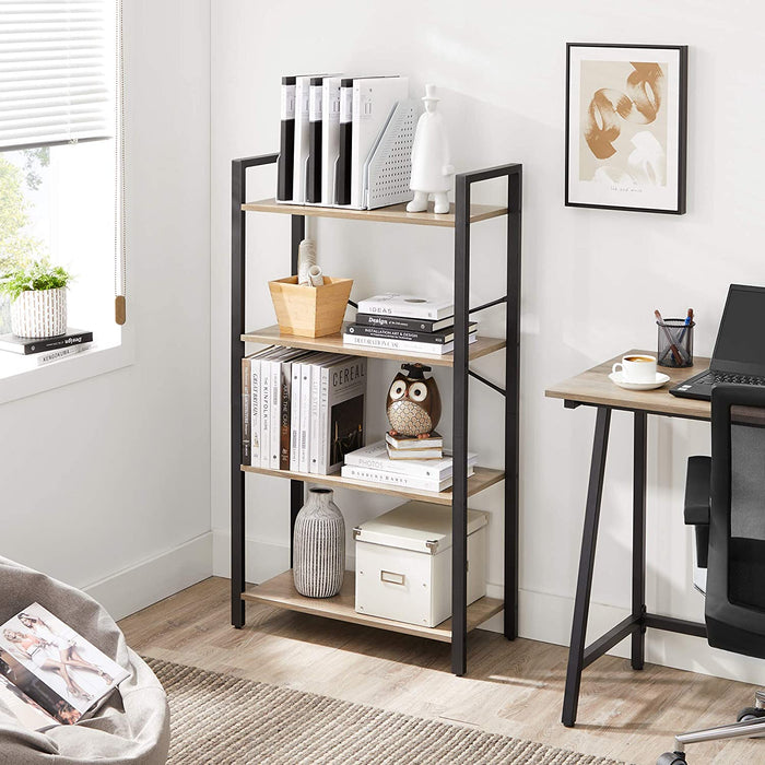 Bücherregal mit 4 Ebenen, Aufbewahrungsregal, Stahlgestell, Höhe 120 cm, für Wohnzimmer, Büro, Arbeitszimmer und Flur, Industrie-Design, Greige-schwarz