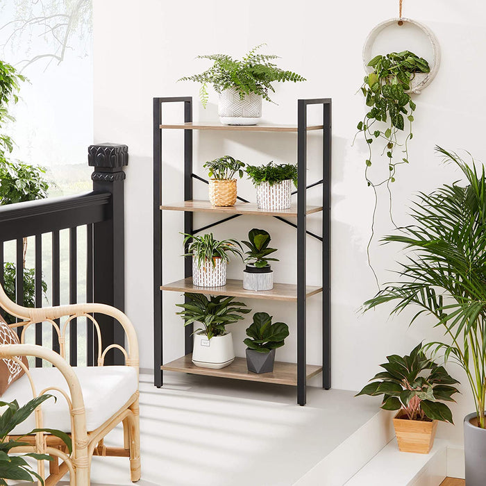 Bücherregal mit 4 Ebenen, Aufbewahrungsregal, Stahlgestell, Höhe 120 cm, für Wohnzimmer, Büro, Arbeitszimmer und Flur, Industrie-Design, Greige-schwarz