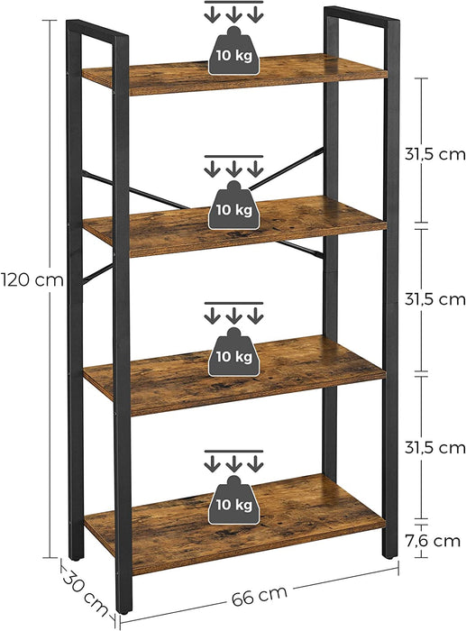 Bücherregal mit 4 Ebenen, Aufbewahrungsregal, Stahlgestell, Höhe 120 cm, für Wohnzimmer, Büro, Arbeitszimmer und Flur, Industrie-Design
