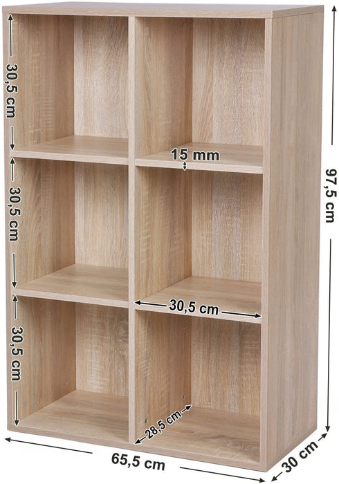 Bücherregal mit 6 Fächern, Holzregal, Würfelregal, Aufbewahrungsregal, 65,5 x 97,5 x 30 cm, Eichen-Optik