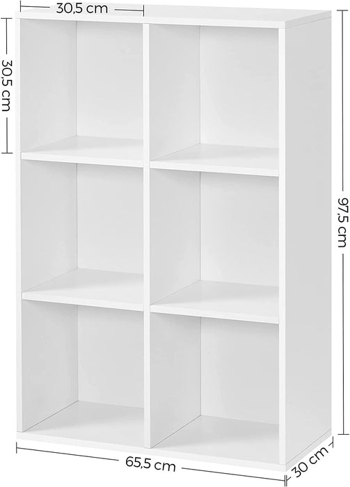 Bücherregal mit 6 Fächern, Holzregal, Würfelregal, Aufbewahrungsregal, 65,5 x 97,5 x 30 cm, weiß