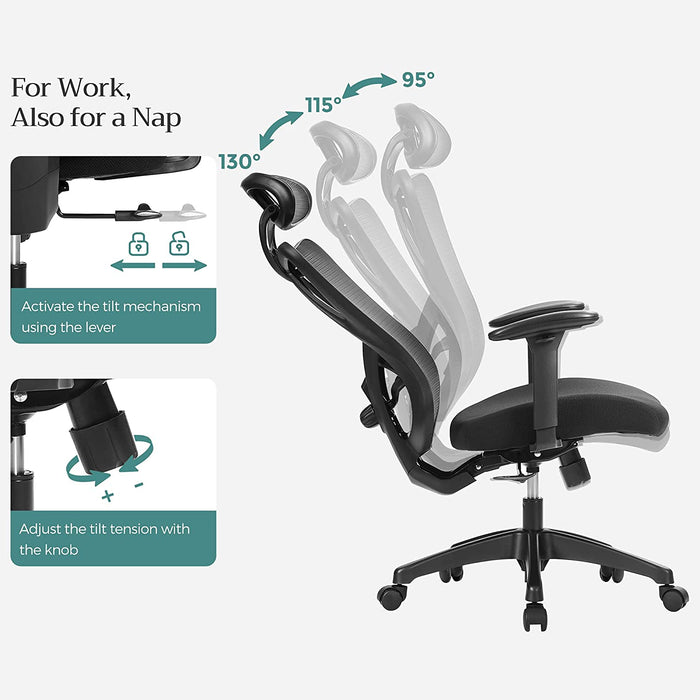 Bürostuhl, ergonomischer Schreibtischstuhl, Computerstuhl, Netzstuhl, verstellbare Lendenstütze und Kopfstütze, bis 150 kg belastbar, höhenverstellbar