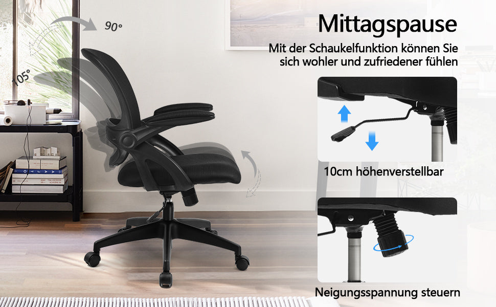  Bürostuhl mit hochklappbaren Armlehnen, Ergonomischer Schreibtischstuhl, Drehstuhl Chefsessel Netz Stuhl Schwarz