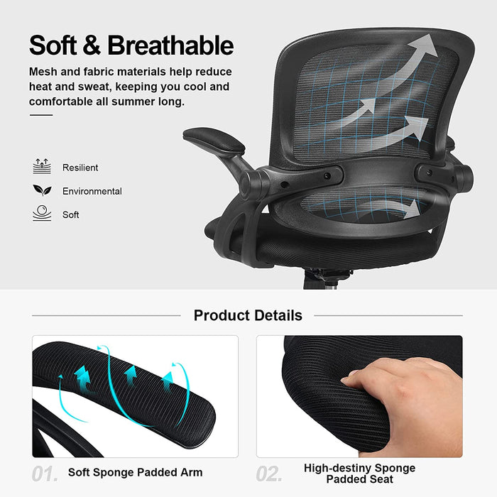  Bürostuhl mit hochklappbaren Armlehnen, Ergonomischer Schreibtischstuhl, Drehstuhl Chefsessel Netz Stuhl Schwarz